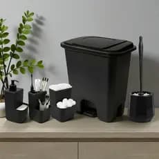 Conjunto Acessórios Banheiro 5 Peças – Lixeira Pedal, Dispenser Sabonete, Porta Escova, Cotonete