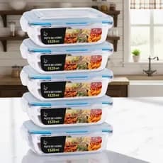 Kit 5 Potes de Vidro Herméticos 1520ml 4 Travas Organizador Cozinha Mantimentos Despensa