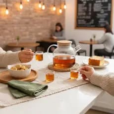 Kit Bule Vidro Bambu + 6 Xícaras Borossilicato | Chá Café Cappuccino | Eco Sustentável LeBianco