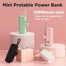 Power Bank Mini 10000mAh para Viagens: Recarga Sem Fio e Cabo (iPhone e Tipo-C) 2em1