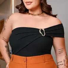 Body Feminino Plus Size Elegante Ribana Bory Mula Manca De Fivela Tendência Verão 2026 Blusa bori
