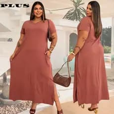 Vestido plu size feminino longo gola V 44 - 54 viscolycra premium confortável vestidos plus soltinho