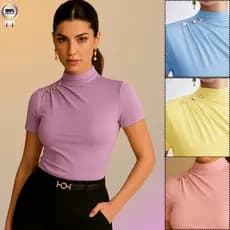 Blusa Feminina ESTILOSO Manga Curta Drapeado Ombro 3 Botões Trabalho Festa Casual Preto- OFF blusas