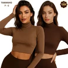 Blusinha Feminina CROPPED Feminino Manga Longa Gola Alta Marrom Bege Vinho Blusa Academia Estilosa