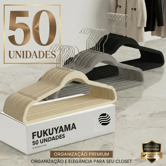 KIT 50 CABIDES DE VELUDO FUKUYAMA COM GANCHO GIRATÓRIO 360° Antideslizante Slim