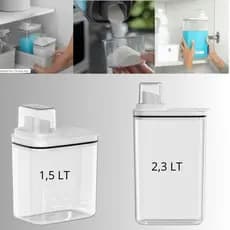 Kit Dispensers Organizador 1,5L + 2,3L Lavanderia Cozinha Sabão em Pó Amaciante com Copo Medidor