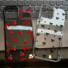 Brilhante Glitter Vermelho Cereja Arco Coração Caso Para iPhone 17 16E 15 14 13 12 11 Pro Max 7 8 Plus XR XS Macio