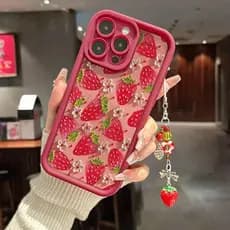 Flor Morango Impressão Pingente Corrente Caso Para iPhone 17 16E 15 14 13 12 11 Pro Max 7 8 Plus XS Capa