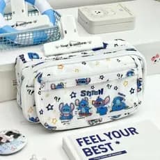 Novo Estojo de Lápis Stitch para Estudantes, Bolsa de Armazenamento de Papelaria Multicamadas