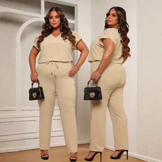 Conjunto Plus Size Feminino Alfaiataria Social Elegante Blusa Manga Curta Calça Cintura Alta com Bolsos Moda Executiva