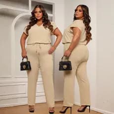Conjunto Plus Size Feminino Alfaiataria Social Elegante Blusa Manga Curta Calça Cintura Alta com Bolsos Moda Executiva