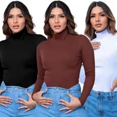 Kit 3 Blusa Cacharrel  Gola Alta Manga Longa Feminina Básico Casual  Canelado Algodão