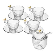 Kit 4 Xícaras de Café 80ml com Pires e Açucareiro Golden Bird Cristal - Wolff