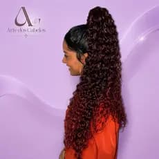 Rabo de cavalo cacheado marsala Extensão bio fibra organico ondulado indentico ao cabelo humano textura natural volumoso