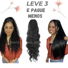 Kit 3 Apliques Preto Cacheado Ondulado e Liso Extensão Bio Fibra Idêntico ao Cabelo Humano Natural Volumoso Premium