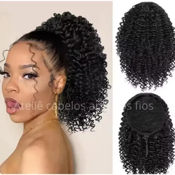 Rabo de Cavalo Cacheado preto Orgânico bio fibra Premium encaracolado identico cabelo humano textura natural volumoso