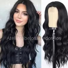 Peruca Wig Ondulada Cor 1 Preto Fibra Orgânica Premium Super Natural Repartição Fixa
