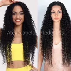 Peruca Lace Wig Cacheado Cor 1 Preto Volumoso Fibra Orgânica Premium Super Natural Repartição Livre