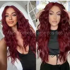 Peruca Lace Wig Ondulada Vermelha Marsala Fibra Orgânica Premium Super Natural Repartição Fixa