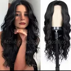 Peruca Lace Wig Ondulada Preto Fibra Premium