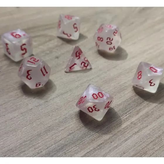 KIT 7 DADOS RPG DE MESA PAPEL BRANCA VERMELHO TRANSLUCIDO D4 D6 D8 D10 D12 D20 D100 D% COMPATIVEL D&D TORMENTA