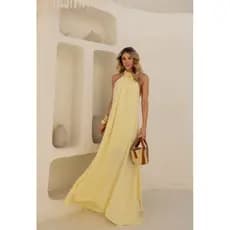 Vestido Longo, Gola Alta, Franzido, tecido Duna, Solto, Costas Abertas, Festa, casual, solto, praiano e confortável.