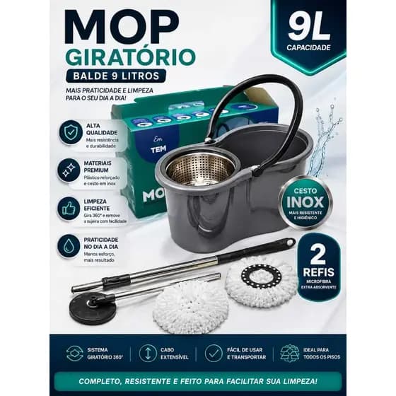 Mop Giratório Balde 9 Litros Esfregão 360 Cesto Inox Limpeza Centrífuga Com Alça Premiun