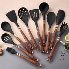 Kit 11 Utensílios Cozinha Silicone  Cabo Madeira Não Risca Panela Jogo Completo Com Suporte