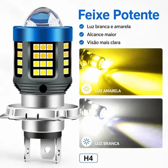 Lâmpada LED H4 para motocicleta, lente olho de peixe, bicolor (branca/âmbar)