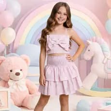 Conjunto Infantil Juvenil Menina Verão Blusa + Saia 2 a 16 Anos