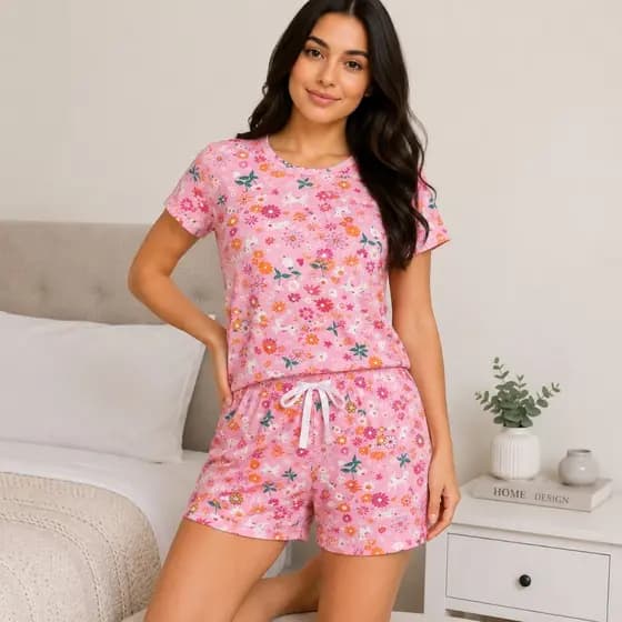 Pijama Feminino Sued Premium Estampado Conjunto Short e Blusa P/ Noite Dormir Confortável Verão Inverno Tamanhos P ao GG