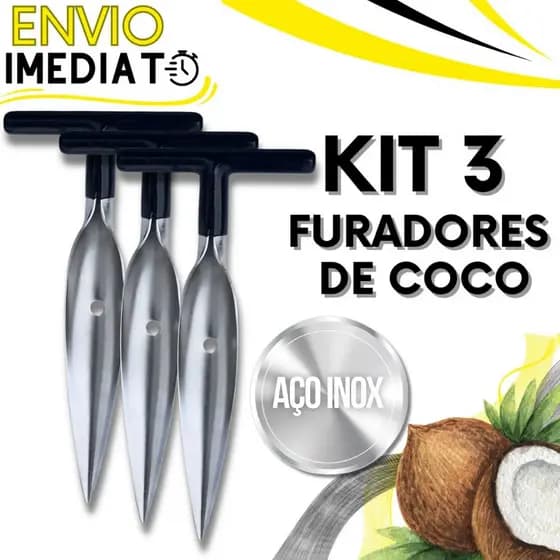 KIT 3 Furador Abridor de Coco Profissional Aço Inox Perfurador Manual Fura Coco Pegador Resistente para Casa Praia