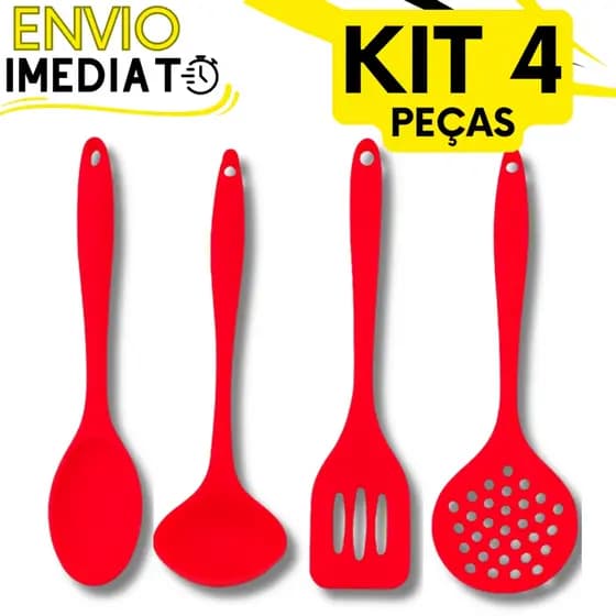 KIT Jogo 4 Utensílios de Cozinha Casa Silicone Super Resistente Colher Concha Escumadeira Espátula Não Risca Panela MINI