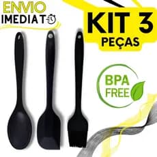 KIT Jogo 3 Utensílios de Cozinha Casa Silicone Super Resistente Colher Espátula Pão Duro Pincel Não Risca a Panela MINI