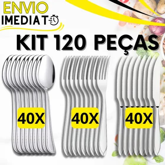 KIT Jogo 120 Peças 40 Garfo 40 Colher 40 Faca Talher Aço Inox Polido para Casa Cozinha Restaurante Buffet Faqueiro