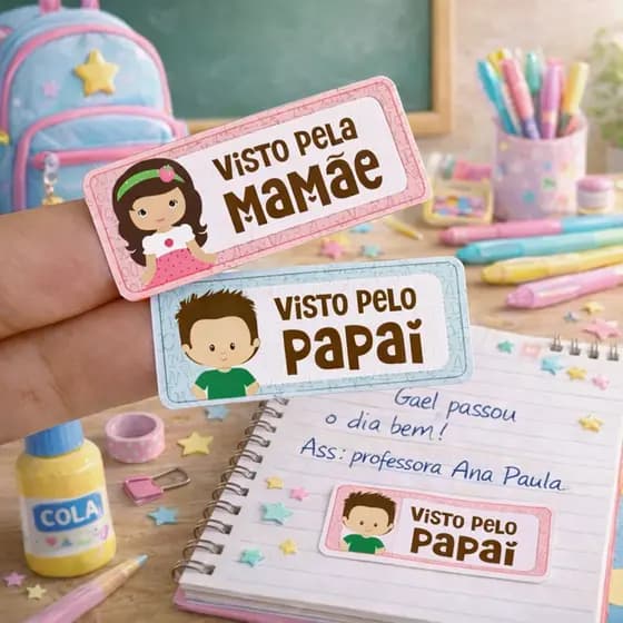 Kit 160 Adesivos Escolares “Visto pela Mamãe/Papai/Vovó” | Etiquetas e Adesivos Agenda Escolar