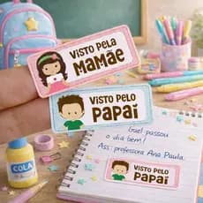 Kit 160 Adesivos Escolares “Visto pela Mamãe/Papai/Vovó” | Etiquetas e Adesivos Agenda Escolar