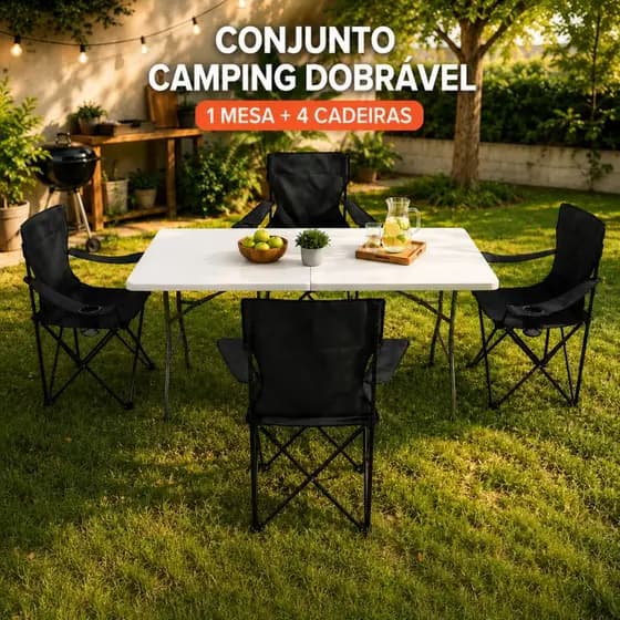 Kit Mesa Dobrável Vira Maleta + 4 Cadeiras De Camping Dobráveis Com Porta Copos