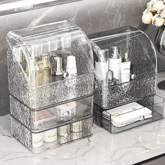 Caixa de armazenamento de cosméticos acrílico para itens de mesa com rack de armazenamento de gaveta