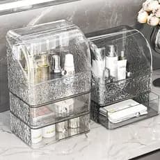 Caixa de armazenamento de cosméticos acrílico para itens de mesa com rack de armazenamento de gaveta