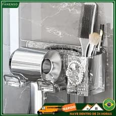 Suporte de parede de luxo para secador de cabelo com caixa de armazenamento, sem necessidade de furar.
