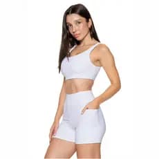 Conjunto Academia Short Bolsos Top Duplo Cós Alto Poliamida Regata Corrida Roupa de Treino Feminina