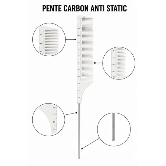 Pente Fino C/ Cabo de Metal Antiestático de Carbono, Medição Para Tranças Box Braids e Dread