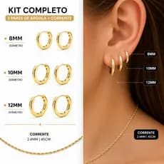 KIT 3 Pares de Brincos Argolas Aço Punk Rock Ródio 8mm,10mm e 12mm + Corrente Trançada Aço 2.4mm de 45cm