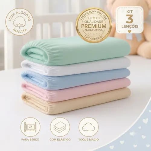 Kit 3 Lençol de berço com elástico 100% algodão malha avulso luxo