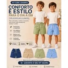 Kit 2 Shorts Infantil Masculino Linho Premium Confortável Cós Elástico Verão Mamãe todas ocasião