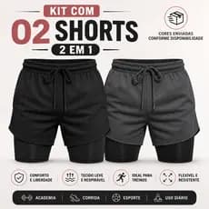 Kit 02 Shorts 2 em 1 Masculino de Treino Academia Com Bolso Compressão Forro Duplo Elastico Dryfit