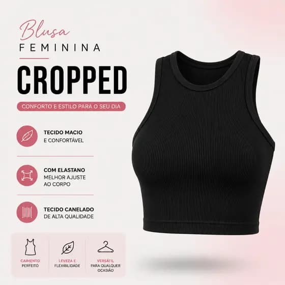 Cropped Poliamida Feminina Regatinha Canelada Básica Elegante Estilosa Moderna Dia a Dia