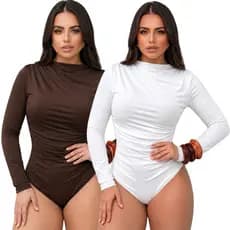Kit 2 Body Feminino Manga Longa Bory Drapeado Segunda Pele Confortável Moda Blogueira