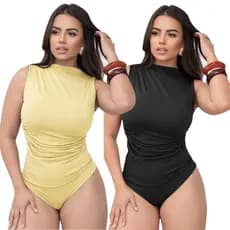 Kit 2 Body Bori Feminino Suplex Regata Alças Grossas Drapeado Franzido Cintura Collant Básico Casual Dia Noite Trabalho